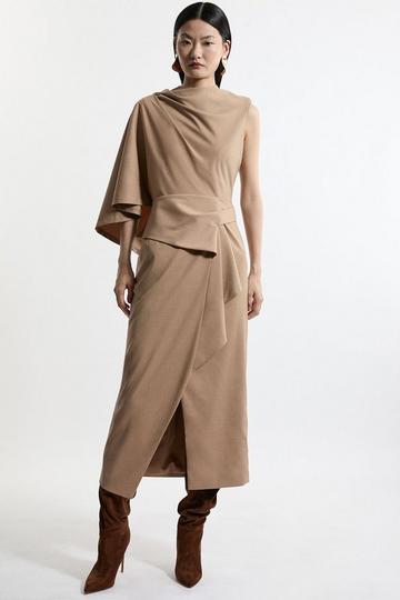 Tailored Draped Asymmetric Maxi Dress camel