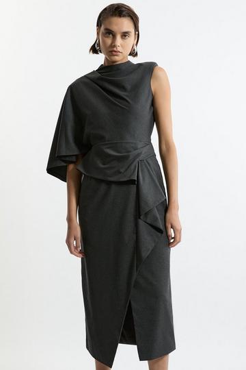 Grey Tailored Draped Asymmetric Maxi Dress