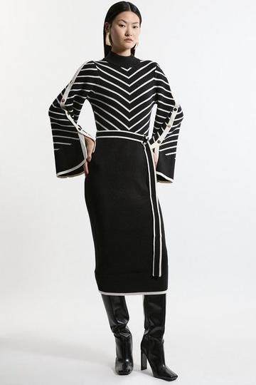 Striped Viscose Blend Knit Belted Midi Dress mono