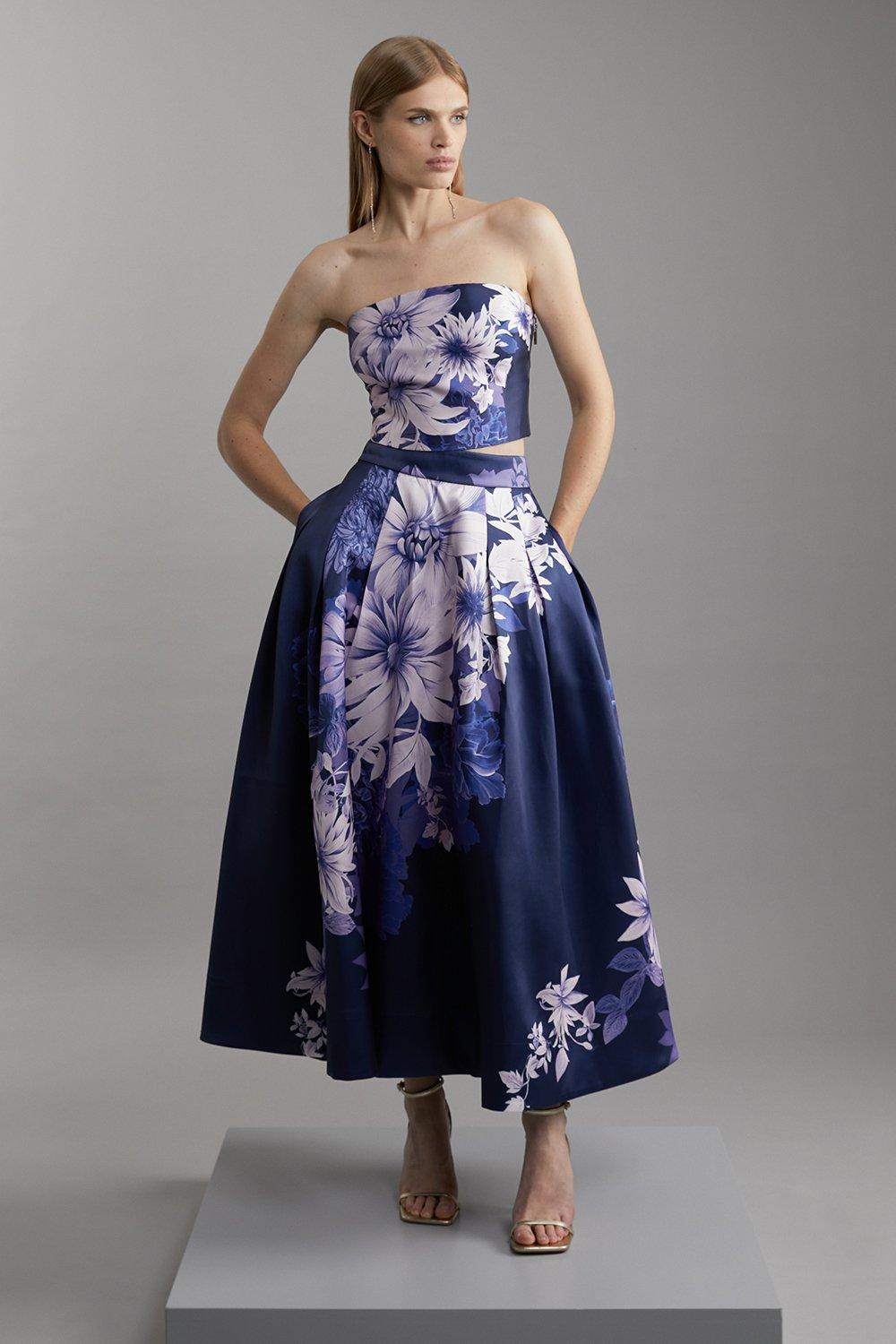 Navy Large Scale Floral Print Woven Prom Midi Skirt