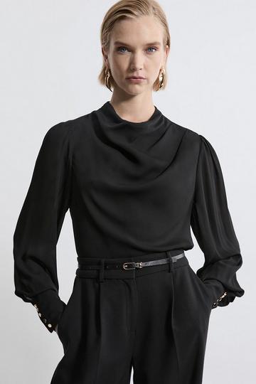 Black Pintuck Shoulder Detail Georgette Woven Blouse