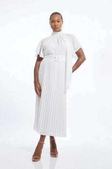 Plus Size Pussy Bow Tie Georgette Belted Woven Midi Dress ivory