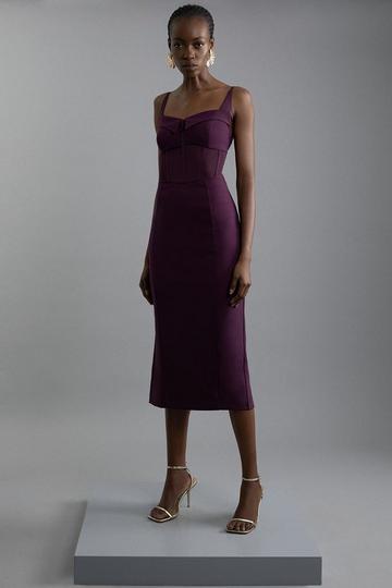 Petite Scuba Crepe And Power Mesh Corset Detail Midi Dress plum