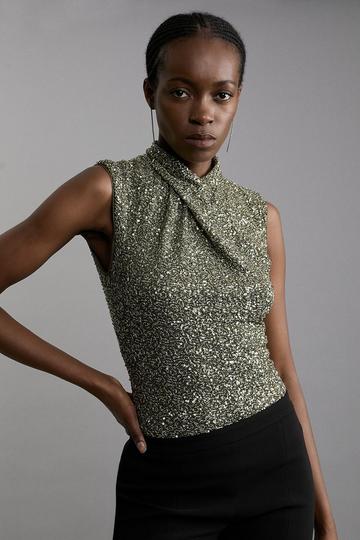 Khaki Sequin Twist Front Sleeveless Top