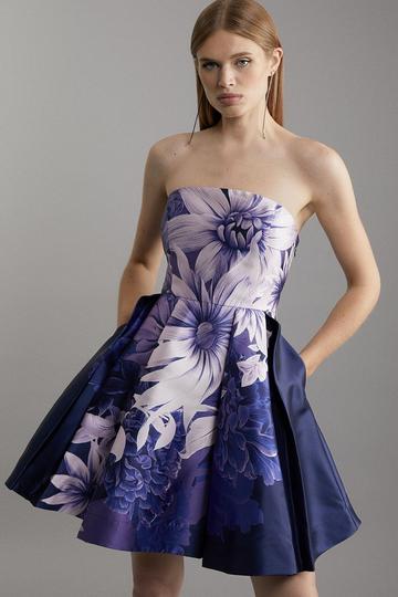 Large Scale Floral Print Woven Prom Mini Dress navy