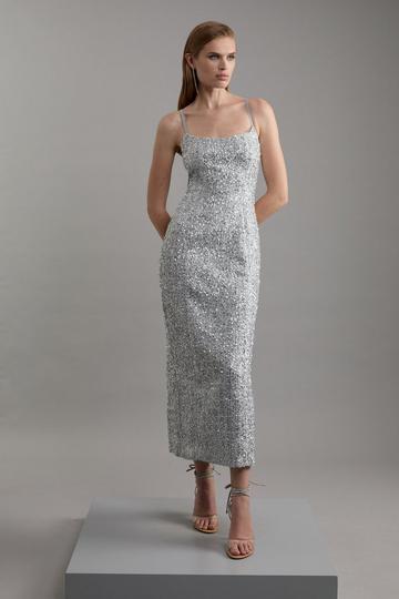 Petite Sequin Metallic Boucle Tailored Midaxi Dress silver