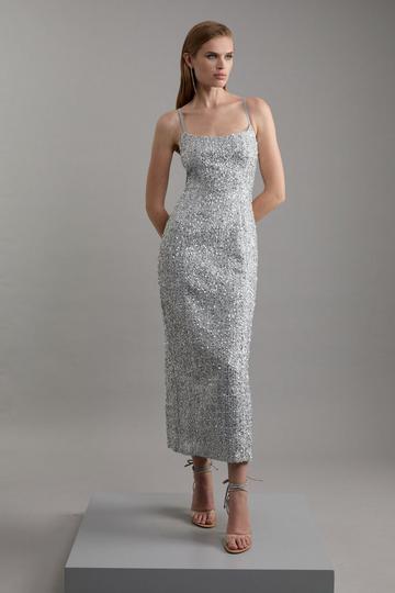 Sequin Metallic Boucle Tailored Midaxi Dress silver