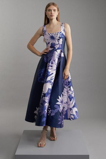 Navy Large Scale Floral Print Woven Prom Maxi Dress