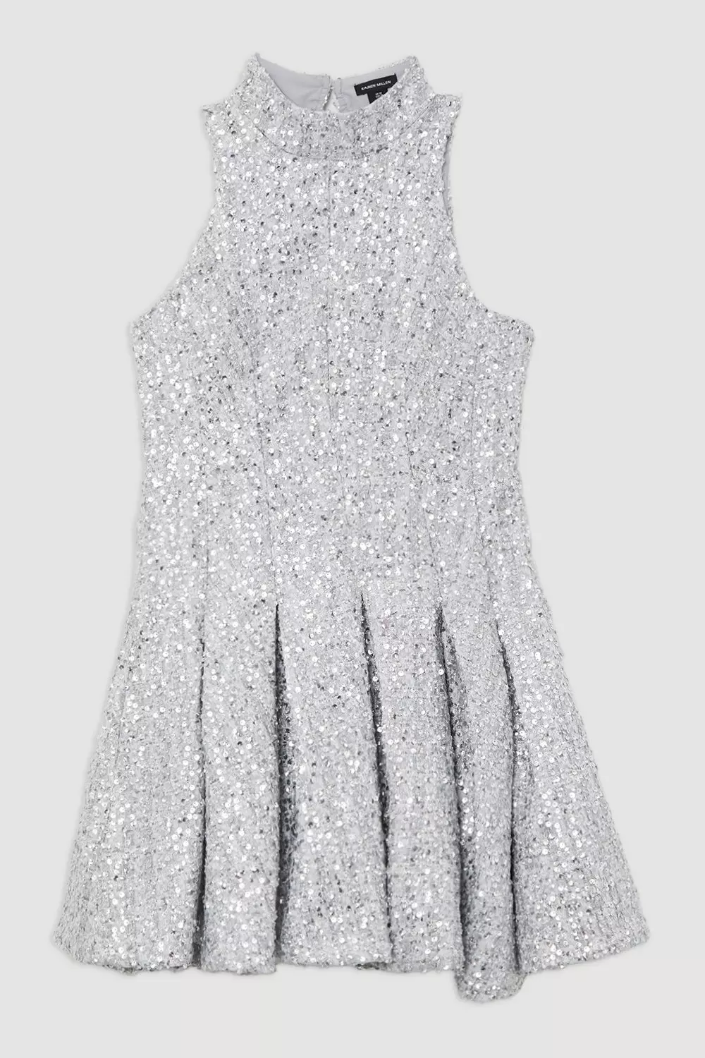 Silver Sequin Metallic Boucle Halter Full Skirt Tailored Mini Dress alternative image