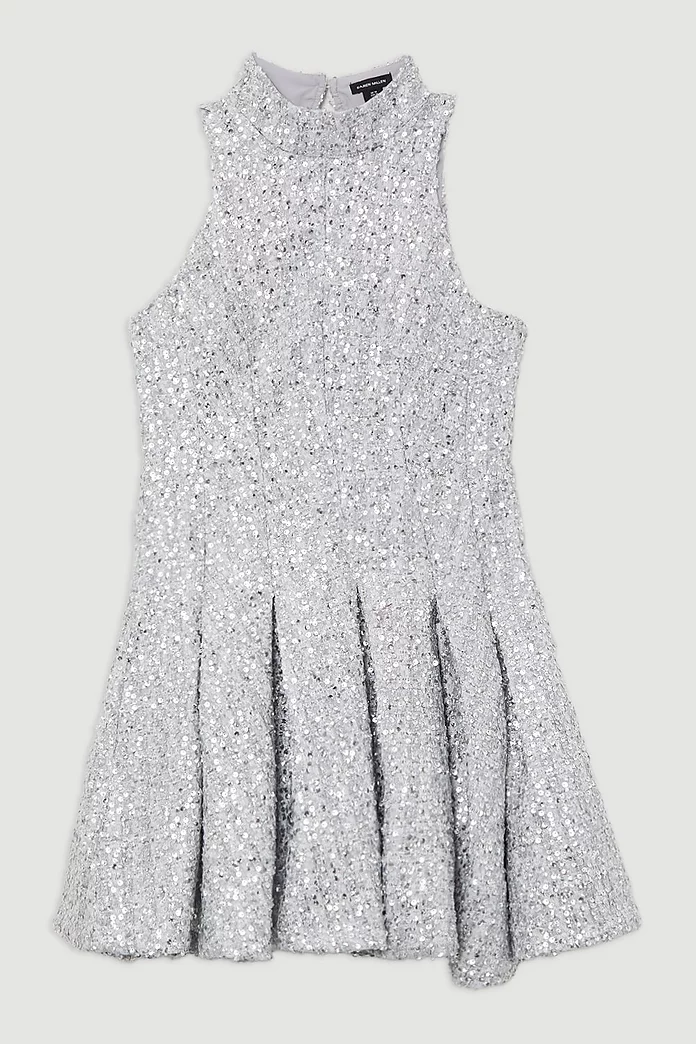 Sequin Metallic Boucle Halter Full Skirt Tailored Mini Dress Sequin Metallic Boucle Halter Full Skirt Tailored Mini Dress