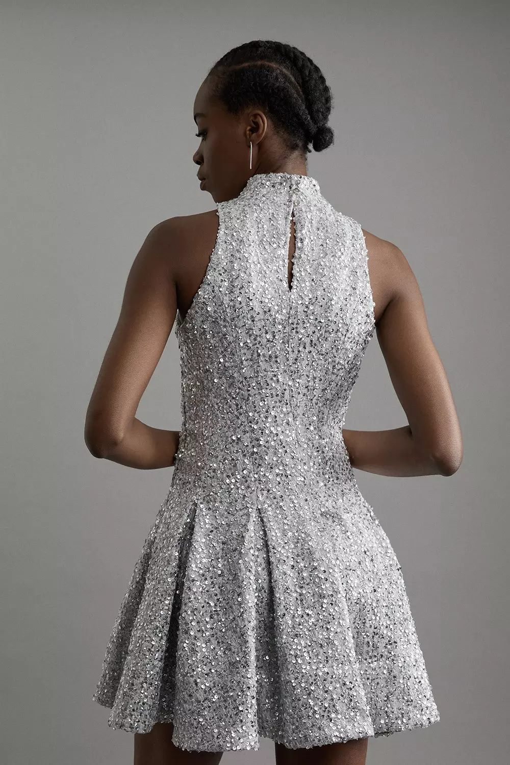 Silver Sequin Metallic Boucle Halter Full Skirt Tailored Mini Dress alternative image