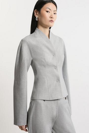 Tailored Fitted Waist Collarless Jacket grey marl