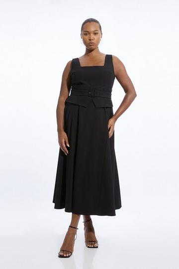 Plus Size Tailored Full Skirted Panel Belted Midi Dress black