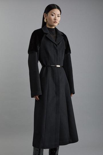 Black Wool Blend Faux Fur Sleeve Detail Tailored Midaxi Coat