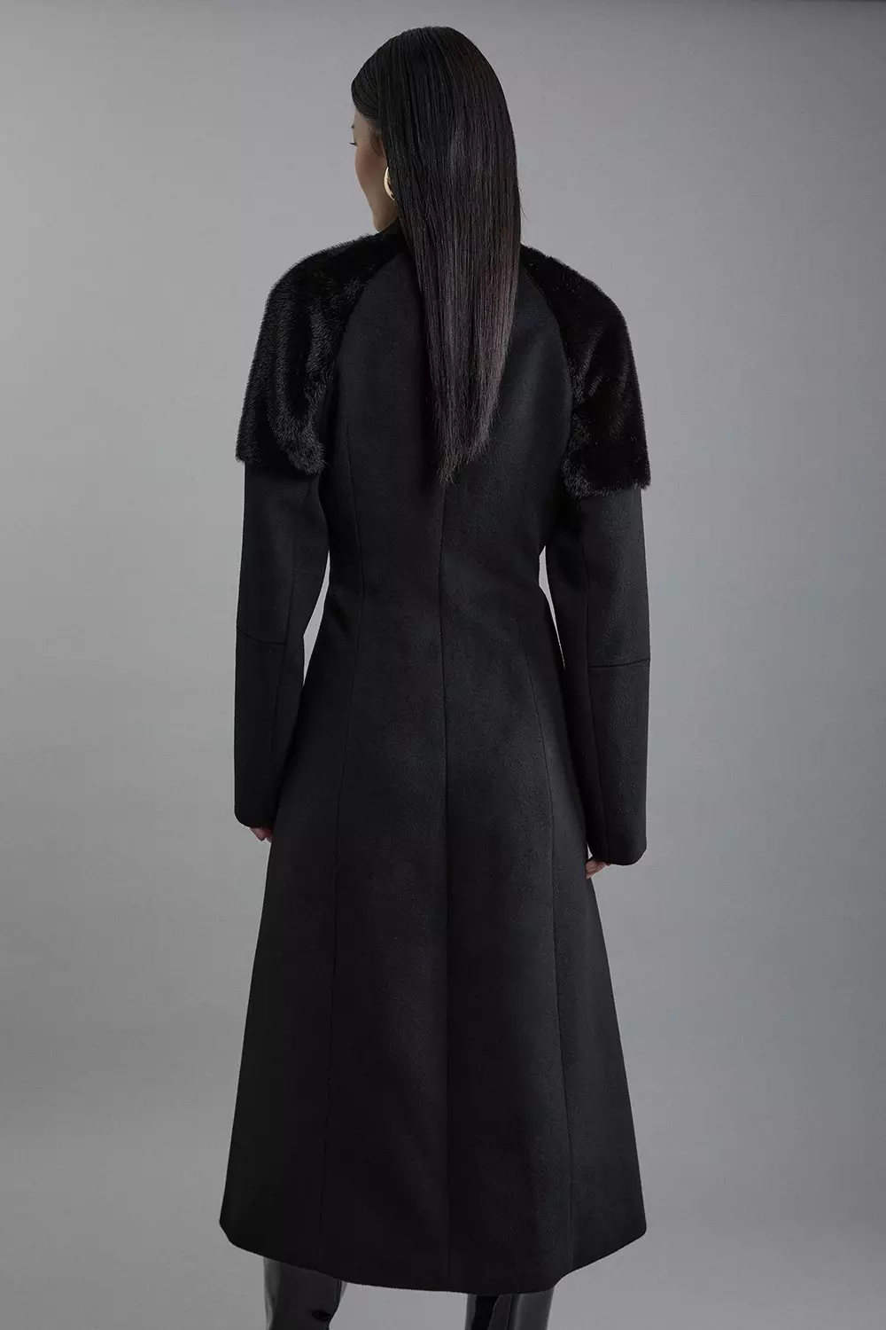 Wool Blend Faux Fur Sleeve Detail Tailored Midaxi Coat | Karen Millen