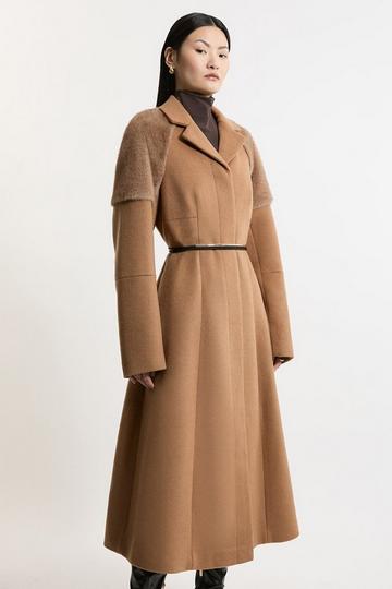 Wool Blend Faux Fur Sleeve Detail Tailored Midaxi Coat camel