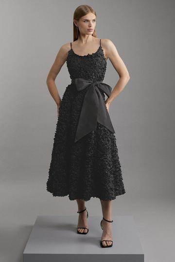 Textured Rosette Bow Detail Prom Dress black