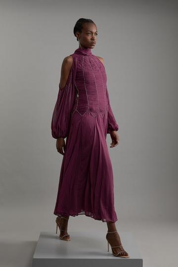 Petite High Neck Embellished Ruched Georgette Woven Maxi Dress mulberry