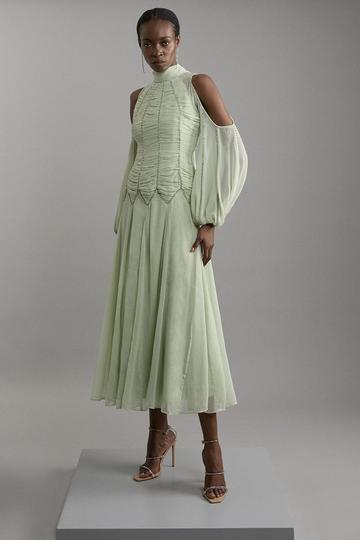 Petite High Neck Embellished Ruched Georgette Woven Maxi Dress sage