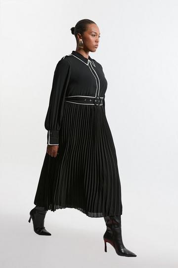 Plus Size Piping Detail Woven Belted Maxi Dress black