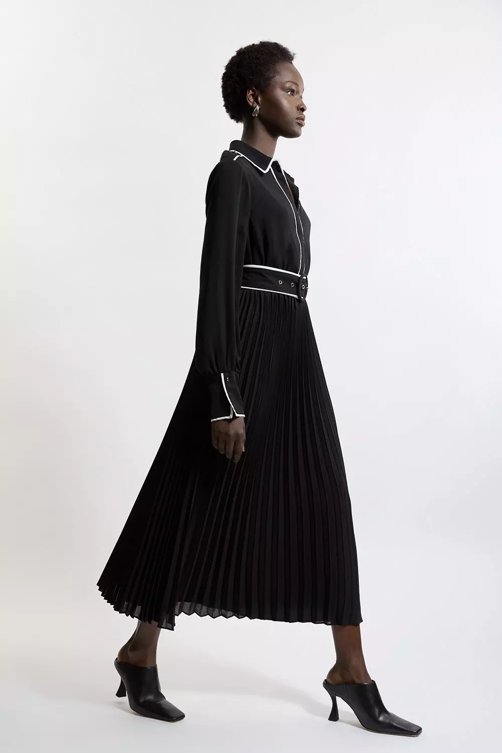 Georgette Pleated Piping Detail Woven Belted Maxi Dress
