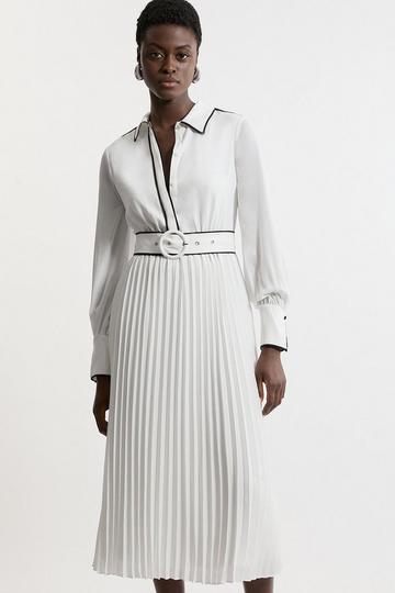 Georgette Pleated Piping Detail Woven Belted Maxi Dress ivory