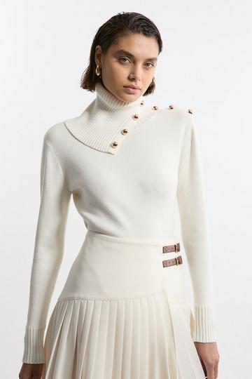 Cream White Viscose Blend Military Trim Envelope Neck Knit Jumper