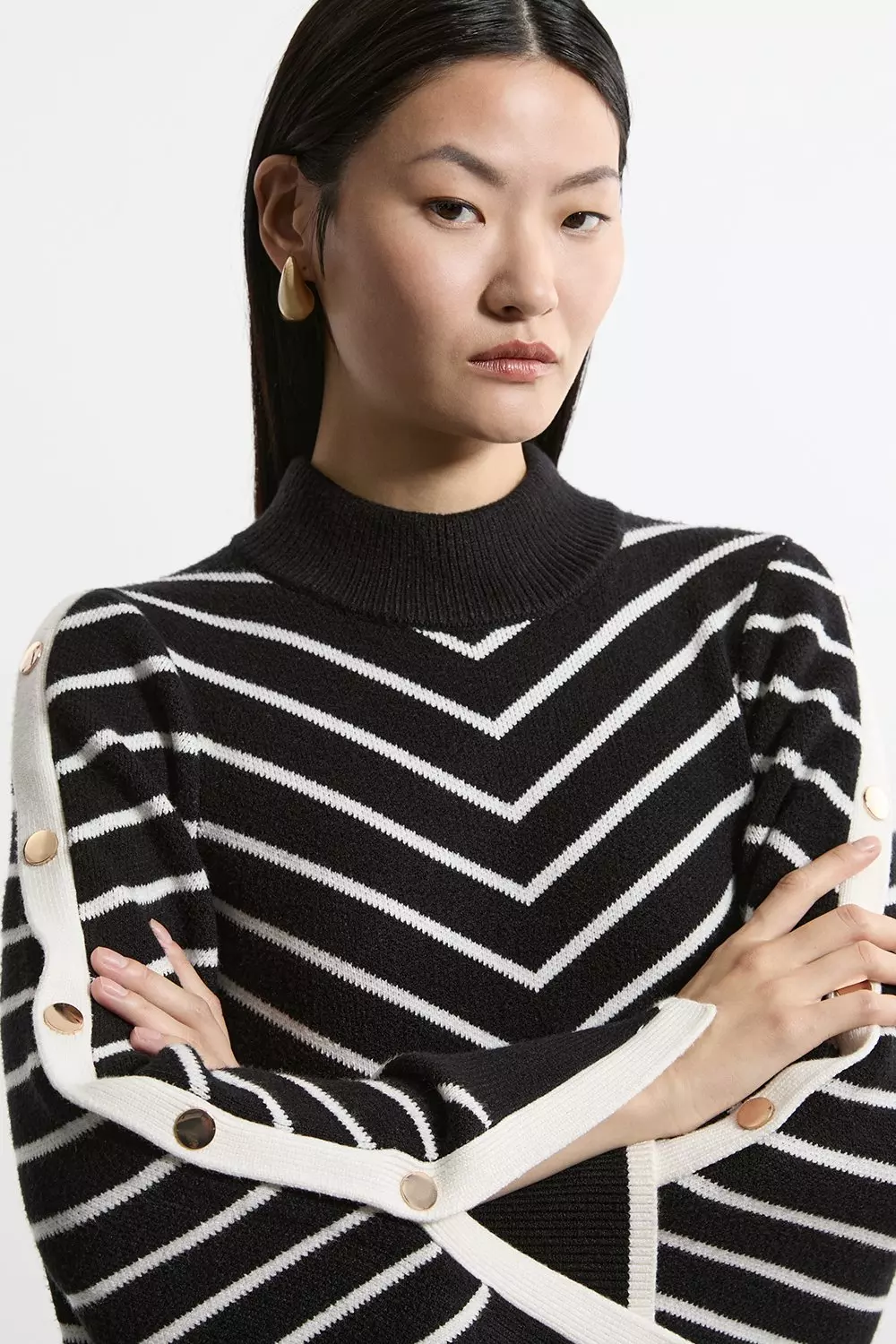 Stripe Full Sleeve Viscose Blend Military Trim Knit Jumper Karen Millen