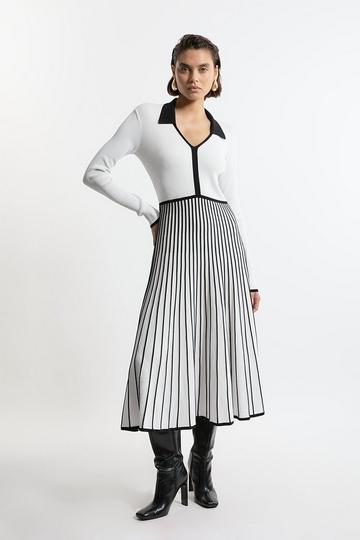 Collared Contrast Colour Block Full Skirted Midaxi Knit Dress mono