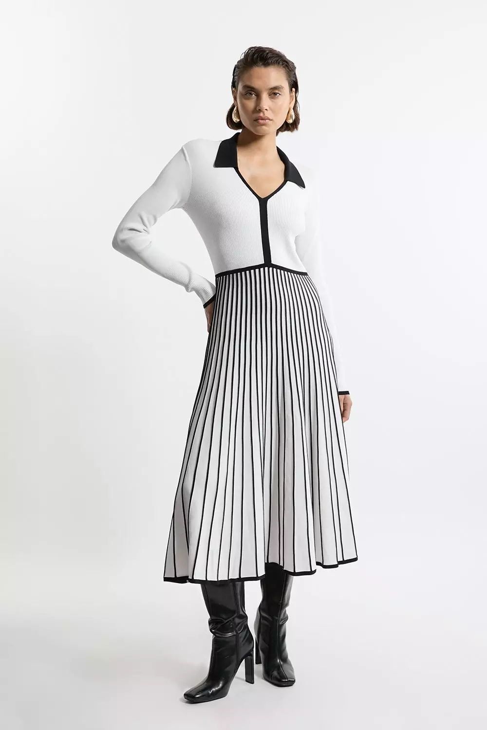 Collared Contrast Colour Block Full Skirted Midaxi Knit Dress Karen Millen