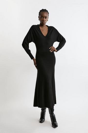 Black Viscose Blend Collared Batwing Knit Midi Dress