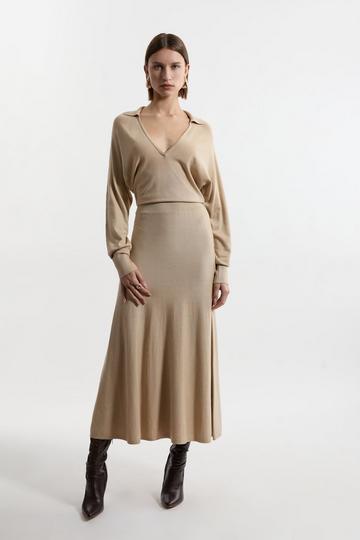 Viscose Blend Collared Bat Wing Knitted Midi Dress oatmeal