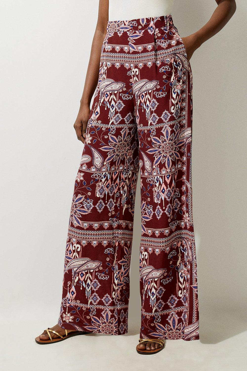 Orange Mixed Print Viscose Crepe Woven High Waisted Trousers