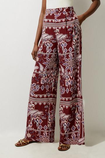 Mixed Print Viscose Crepe Woven High Waisted Trousers orange