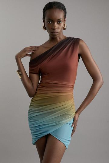 Ombre Jersey Mesh Asymmetric Draped Mini Dress multi