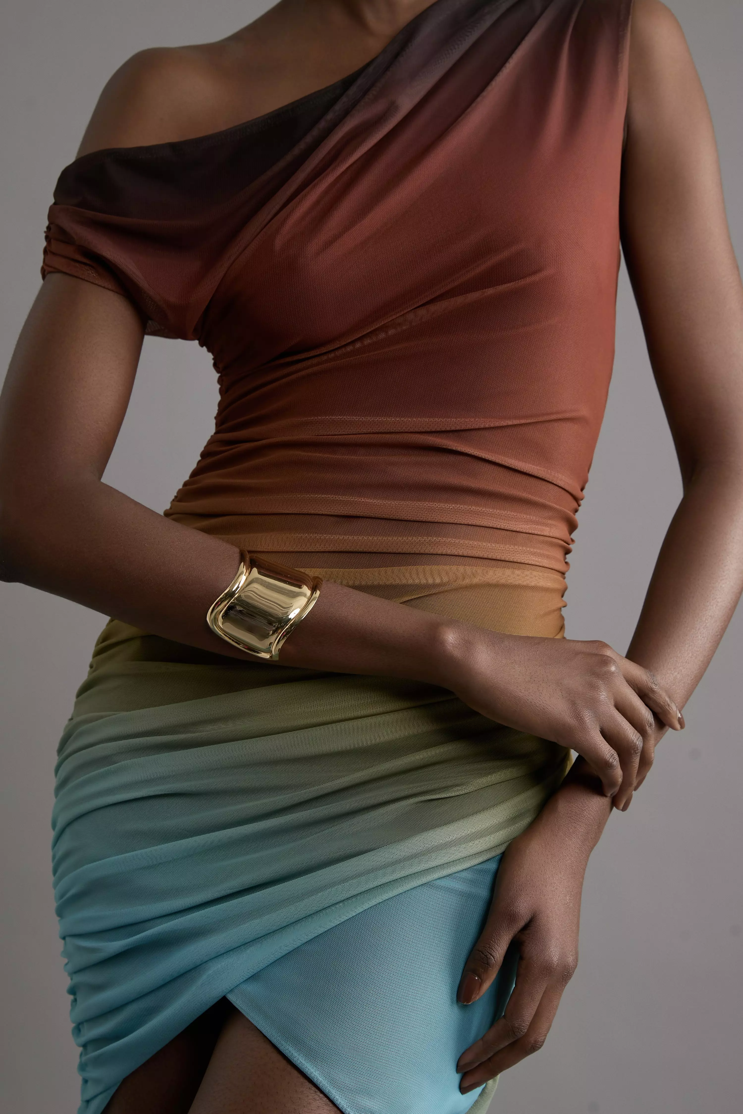 Ombre Jersey Mesh Asymmetric Draped Mini Dress | Karen Millen