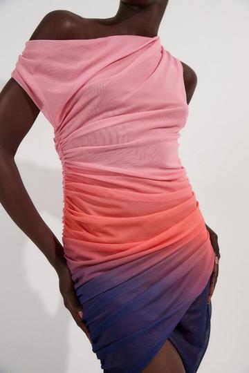 Sunset Ombre Mesh Asymmetric Draped Jersey Mini Dress pink