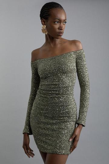 Sequin Off The Shoulder Mini Dress khaki