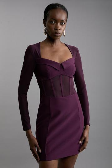 Scuba Crepe And Power Mesh Corset Detail Mini Dress plum