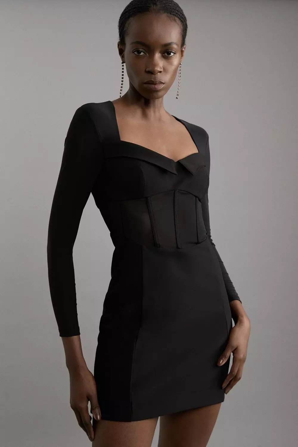 Petite Scuba Crepe And Power Mesh Corset Detail Mini Dress