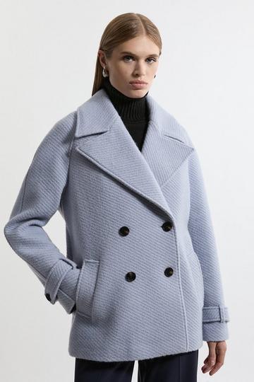 Textured Wool Blend Short Pea Coat pale blue