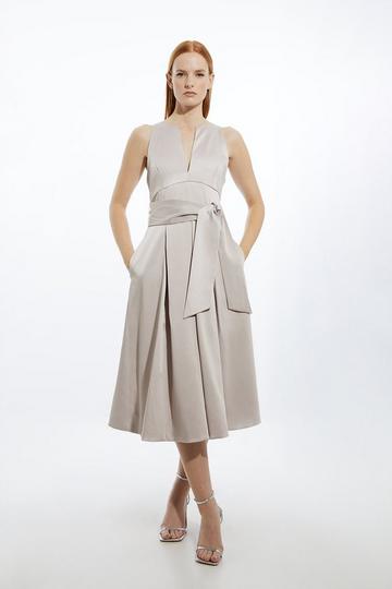 Champagne Beige Petite Tailored Satin Bow Detail Full Skirted Midaxi Dress