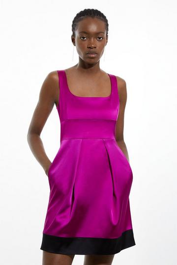 Italian Structured Satin Color Block Tailored Lantern Mini Dress purple