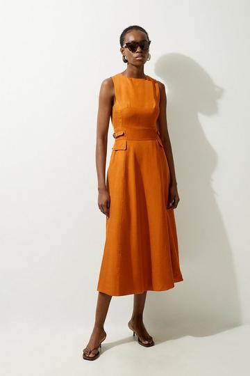 Petite Linen Tab Waist Detail Full Skirt Tailored Midi Dress tan