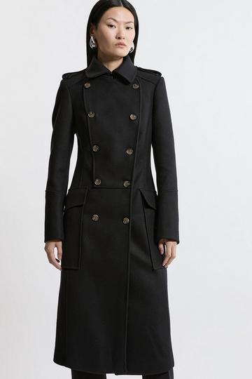 Black Italian Wool Blend Military Midi Coat