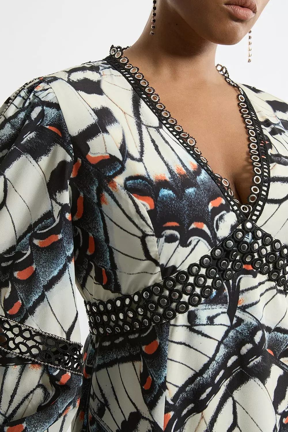 関税送料込★SALE★完売間近★KarenMillen★Butterflyドレス Plus Size Butterfly Print Lace Insert Trim Woven Maxi Dress