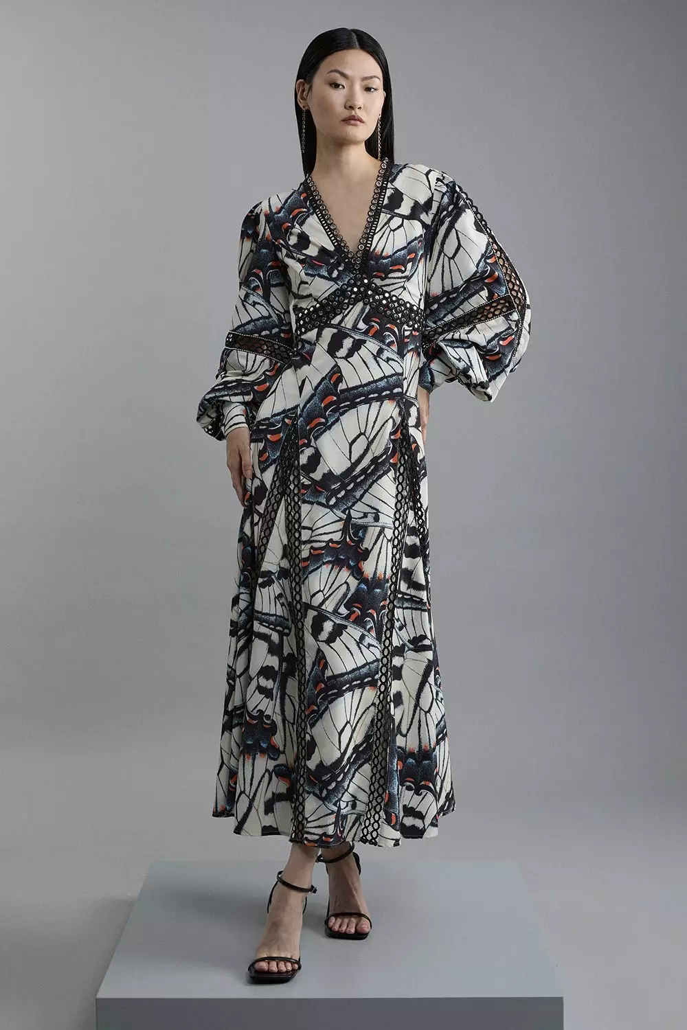 Butterfly Print Lace Insert Trim Woven Midi Dress | Karen Millen