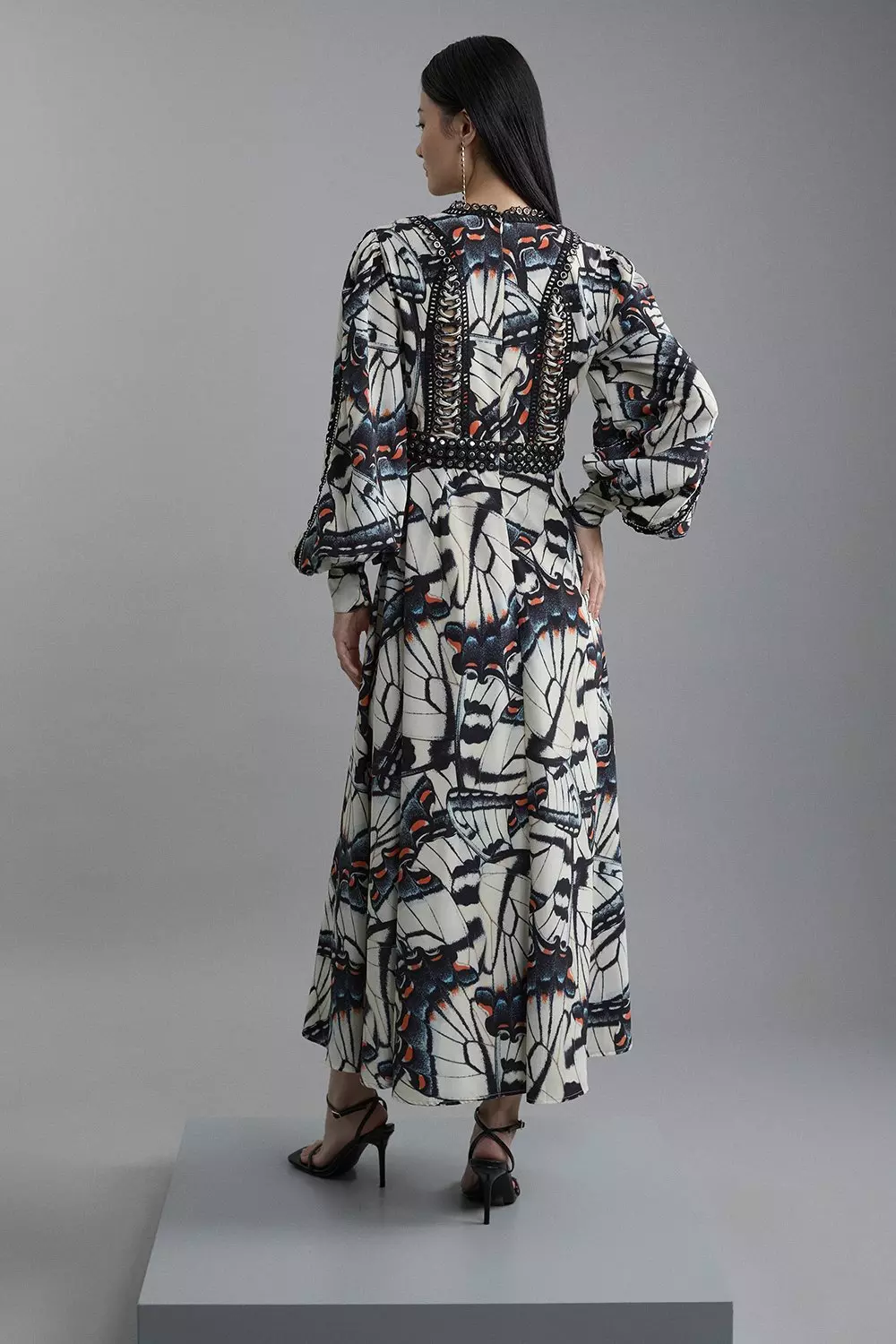 Butterfly Print Lace Insert Trim Woven Midi Dress | Karen Millen