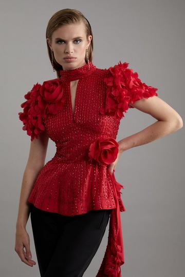 Crystal Embellished Applique Woven Peplum Top red