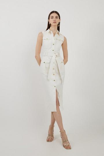 Petite Tailored Denim Cargo Pocket Belted Midi Shirt Dress ivory